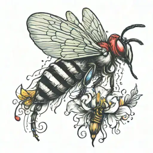 bleeding heart flower with a bee flying tattoo design idea
