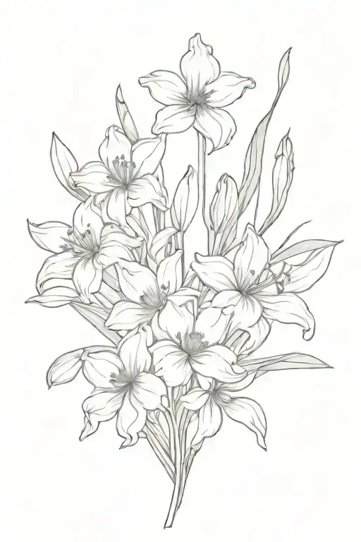 bouquet of flowers chrysanthemum iris narcissus paperwhite and sweet pea tattoo design idea