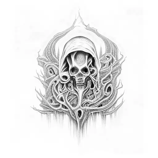 A mysterious and eerie scene inspired by Lovecraft's cosmic horror tattoo design idea