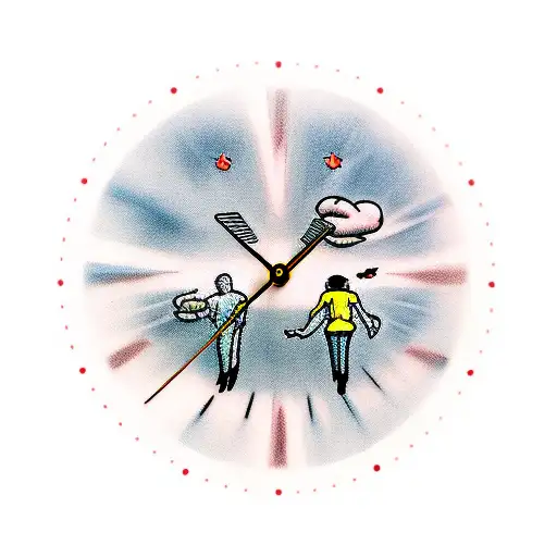 Clock and two men walking to heaven holding hands on with long hair one holding drum sticks and one holding a hammer tattoo design idea