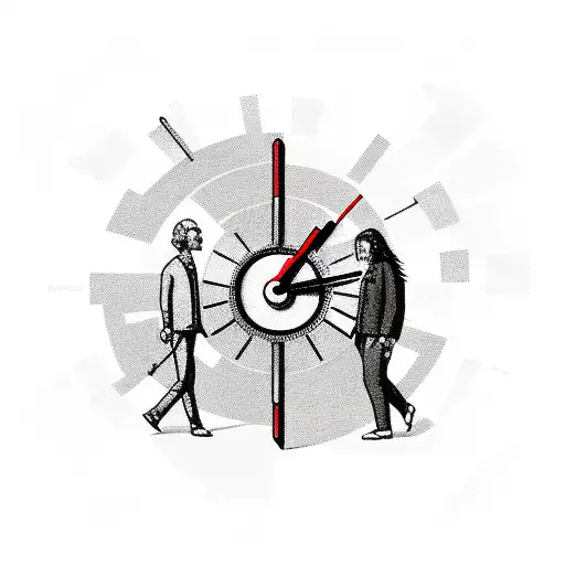 Clock and two men walking to heaven holding hands on with long hair one holding drum sticks and one holding a hammer tattoo design idea