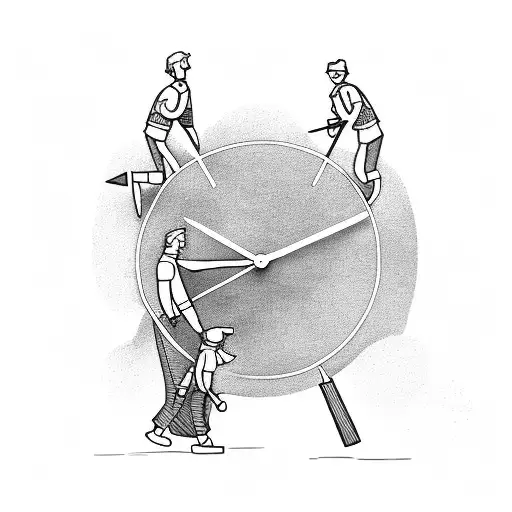 Clock and two men walking to heaven holding hands on with long hair one holding drum sticks and one holding a hammer tattoo design idea