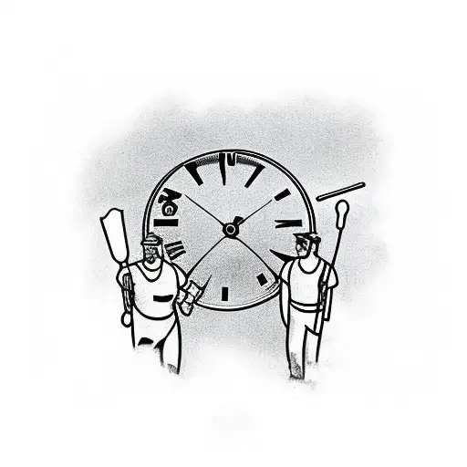 Clock and two men walking to heaven holding hands one holding drum sticks and one wearing tool bags tattoo design idea