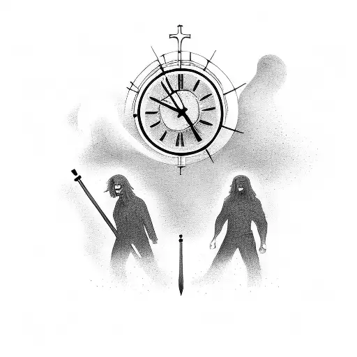 Clock and two men walking to heaven holding hands on with long hair one holding drum sticks and one holding a hammer tattoo design idea