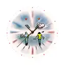 Clock and two men walking to heaven holding hands on with long hair one holding drum sticks and one holding a hammer tattoo design idea