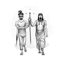 Clock and two men walking to heaven holding hands on with long hair one holding drum sticks and one holding a hammer tattoo design idea