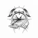 Clock and two men walking to heaven holding hands on with long hair one holding drum sticks and one holding a hammer tattoo design idea