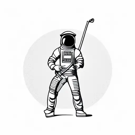 full body picture of a man wearing regular clothes and a astronaut helmet. in one hand is a guitar. tattoo design idea