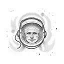 man wearing an astronaut helmet and converse shoes. dragging a guitar in one hand and a pencil in his other.  tattoo design idea