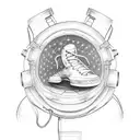 man wearing an astronaut helmet and converse shoes. dragging a guitar in one hand and a pencil in his other.  tattoo design idea