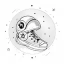 man wearing an astronaut helmet and converse shoes. dragging a guitar in one hand and a pencil in his other.  tattoo design idea