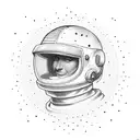 man wearing an astronaut helmet and converse shoes. dragging a guitar in one hand and a pencil in his other.  tattoo design idea