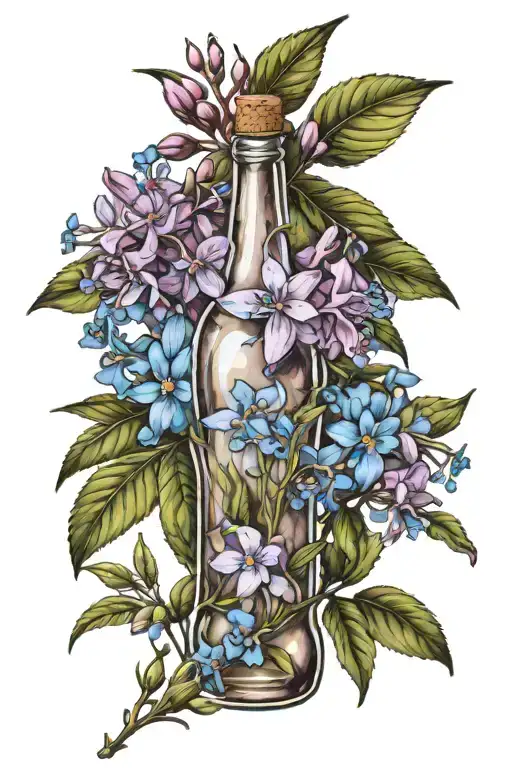 glass coke bottle with fireweed flowers blooming and forget-me-nots tattoo design idea