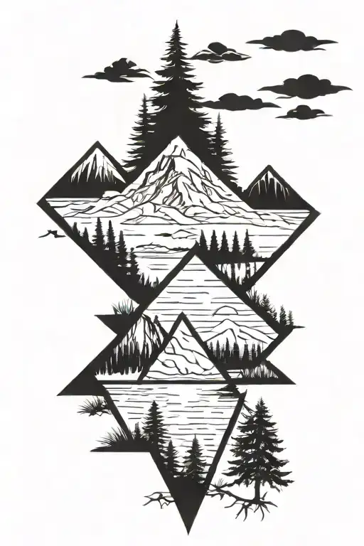 geographical 3 triangle outdoors mountains trees lake  tattoo design idea