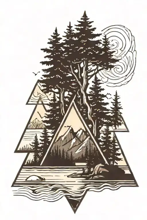 geographical 3 triangle outdoors mountains trees lake  tattoo design idea