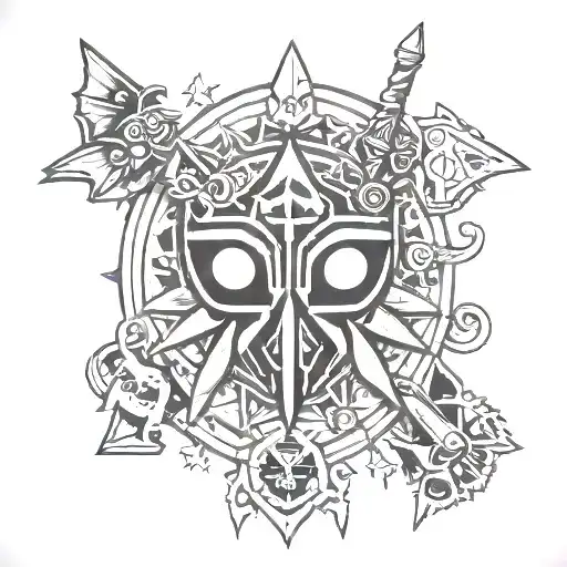 A tattoo design covering the forearm themed around "The Legend of Zelda: Ocarina of Time" and "Majora's Mask". tattoo design idea