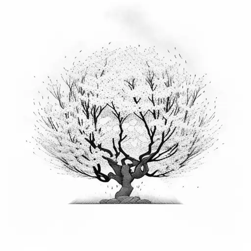 A black-grey tattoo of a wind-swept cherry blossom tree with delicate petals floating in the air tattoo design idea