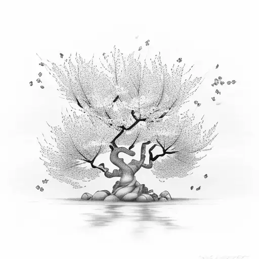 A black-grey tattoo of a wind-swept cherry blossom tree with delicate petals floating in the air tattoo design idea
