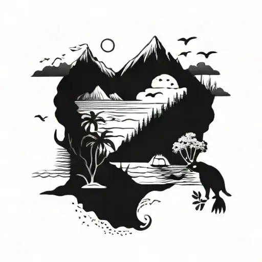 A dreamy vacation-themed collage featuring a mix of beach, mountains, and animals in a whimsical style tattoo design idea