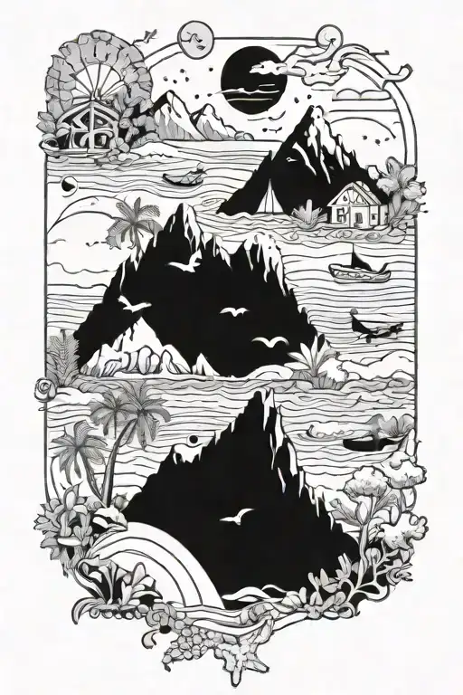 A dreamy vacation-themed collage featuring a mix of beach, mountains, and animals in a whimsical style tattoo design idea