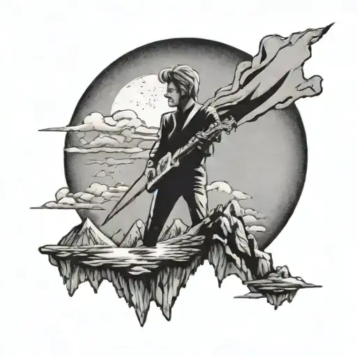 A mountain landscape with a silhouette of David Bowie performing on top tattoo design idea