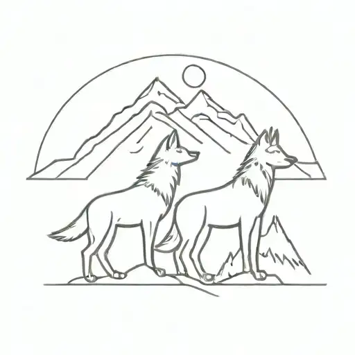 A minimalist tattoo of a dog and a wolf standing side by side, with a mountain landscape in the background to represent the client's love for animals and nature tattoo design idea