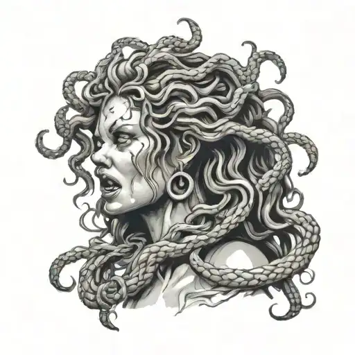 medusa, angry expression, rage in her eyes, looking to her left size tattoo design idea