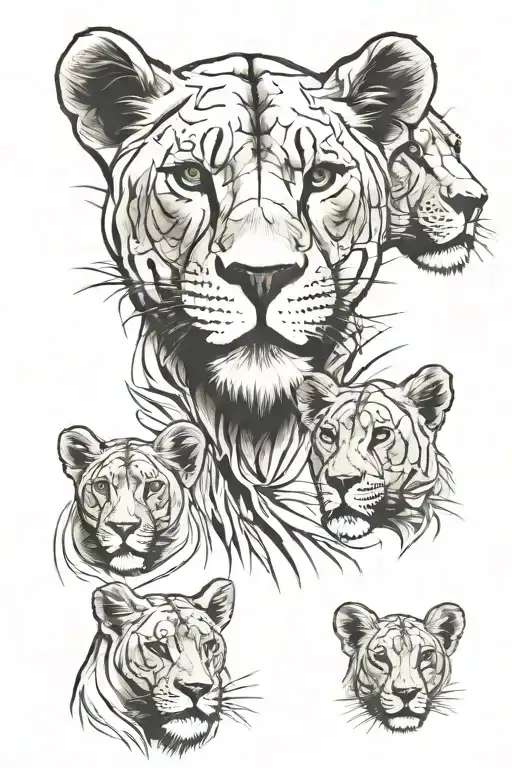 lioness and 3 cubs face only tattoo design idea