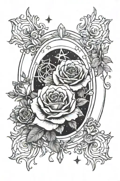 portal roses stars moon mirror tattoo design idea