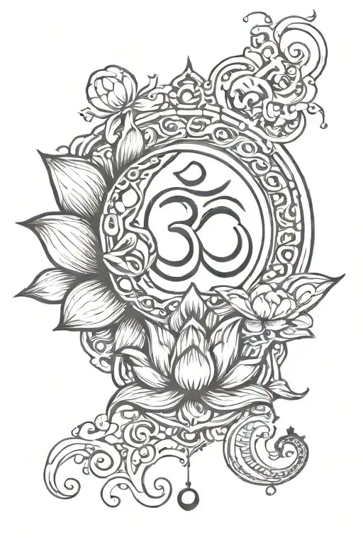 moon, lotus flower, om symbol tattoo design idea