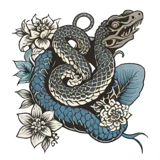 blue snake and flower japanese signs tattoo design idea
