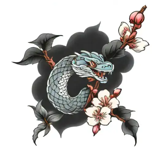 blue snake and cherry blossom and japanese signs tattoo design idea