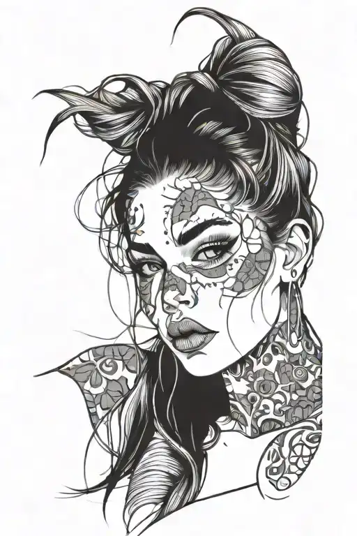 Face of a young girl with long hair, tongue out, pierced eyebrow, pouty lips tattoo design idea