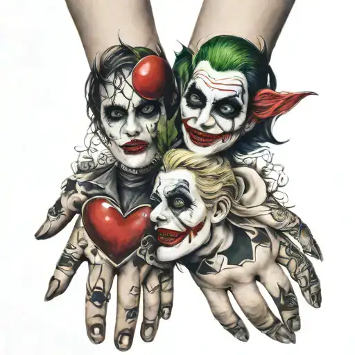 Planets, joker and Harley Quinn hand hold hands tattoo design idea