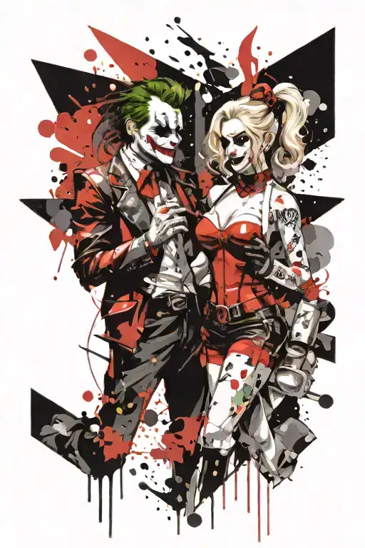 2 Planets, joker and Harley Quinn hand hold hands and walking tattoo design idea