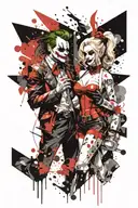 2 Planets, joker and Harley Quinn hand hold hands and walking tattoo design idea