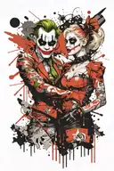 2 Planets, joker and Harley Quinn hand hold hands and walking tattoo design idea