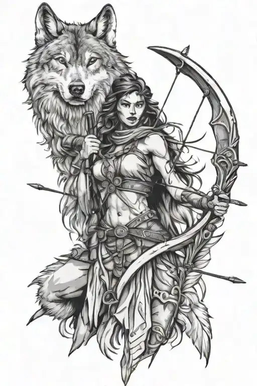wolf huntress holding bow and arrow tattoo design idea