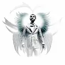 half demon half angel as a man with wings the man must have full body with a suit and tie tattoo design idea