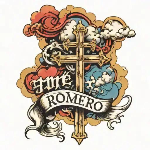 Clouds and crosses around The Name Romero written in old english dont tattoo design idea
