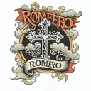 Clouds and crosses around The Name Romero written in old english dont tattoo design idea