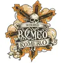 Clouds and crosses around The Name Romero written in old english dont tattoo design idea