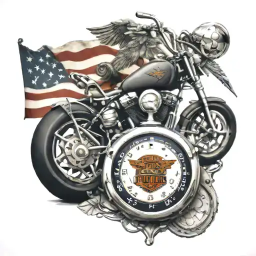 harley davidson motorcycle pocketwatch with half american flag abd the other half united states army national guard, sun tattoo design idea