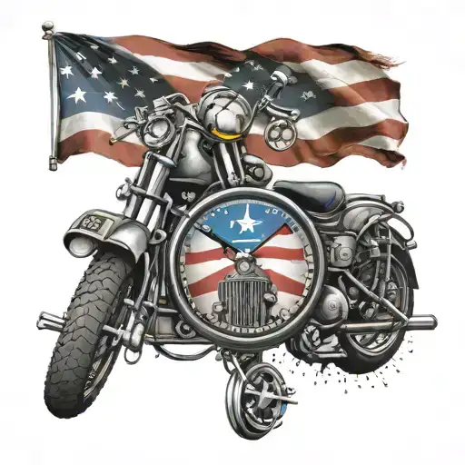 harley davidson motorcycle pocketwatch with half american flag abd the other half united states army national guard, sun tattoo design idea