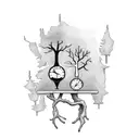 we're only killing time until time kills us, tree, hourglass, people, tree, death, forlorn, decay tattoo design idea