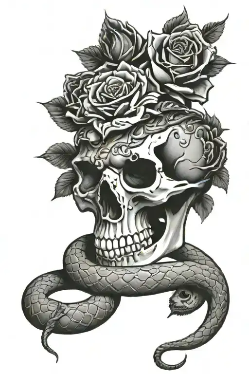 skull, roses, snake coiled snake wrapped  tattoo design idea