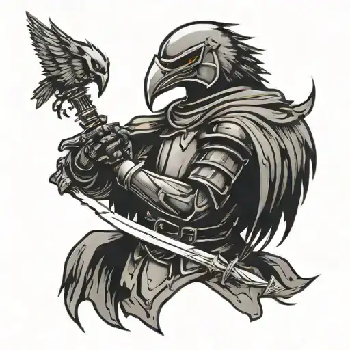 knight holding sword fading crows flying tattoo design idea