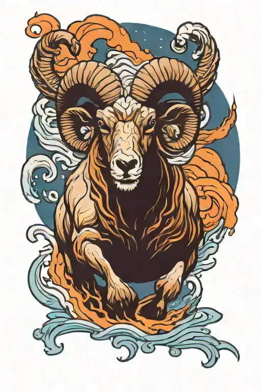 Furious ram emerging from the sea of fire. Planet mars in the background.  tattoo design idea