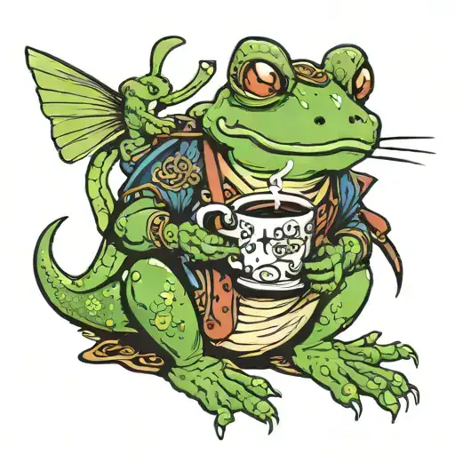 Samurai frog riding a hummingbird with a long tail.The frog is holding a coffee mug and is smoking. tattoo design idea