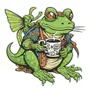 Samurai frog riding a hummingbird with a long tail.The frog is holding a coffee mug and is smoking. tattoo design idea